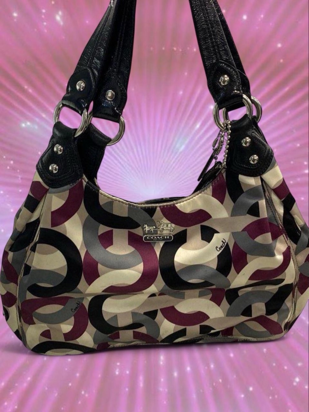 Coach Signature Chain-Link Shoulder Bag in Burgundy Black Cream